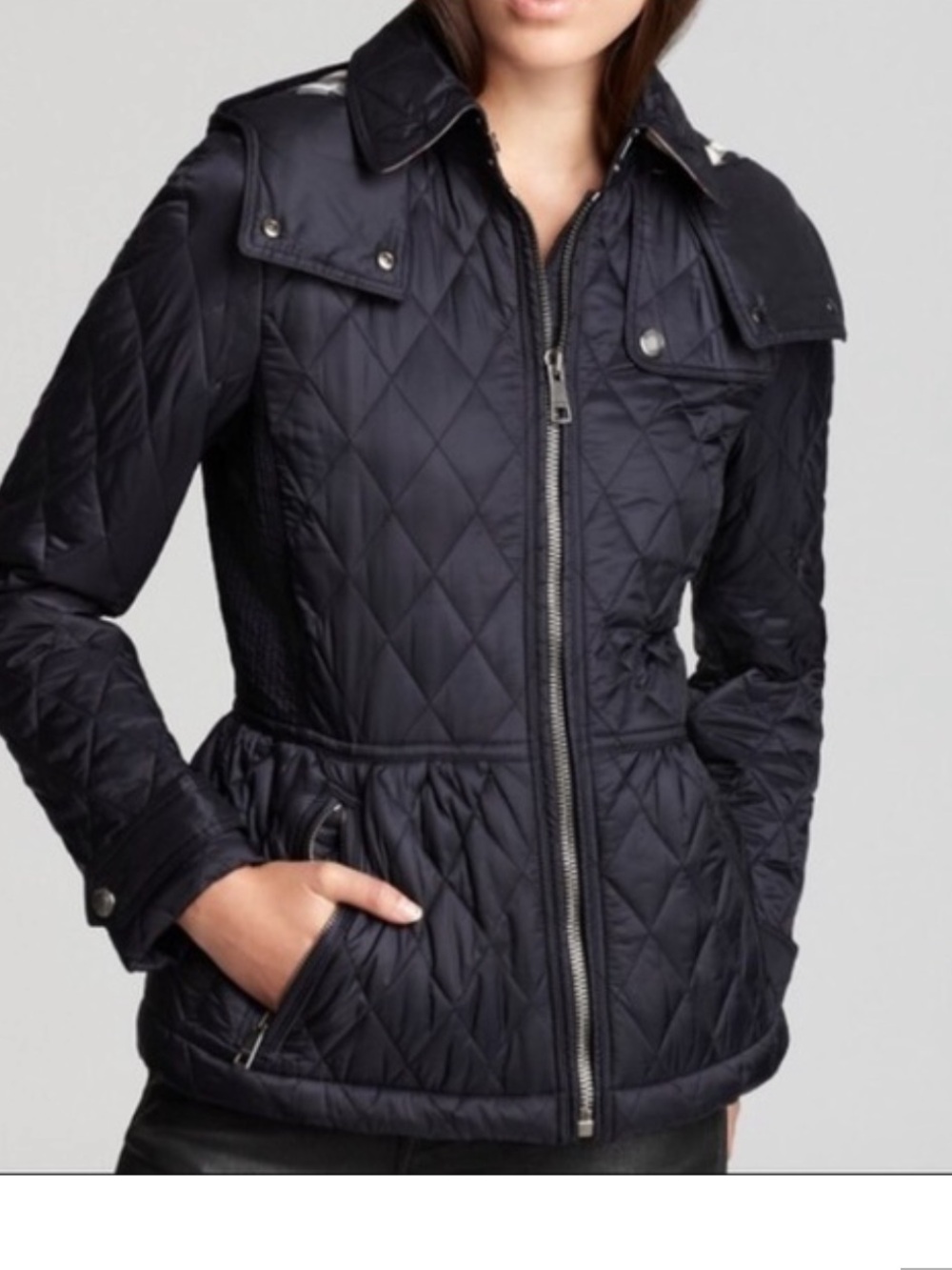 Burberry Brit Black Diamond Quilted Jacket w/ Detachable Hood Size M